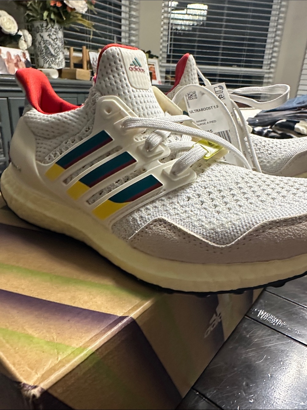 adidas White Ultraboost Sneakers with Teal, Yellow & Red Accents